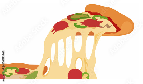 Flying pizza slice vector with classic toppings in motion isolated on white background