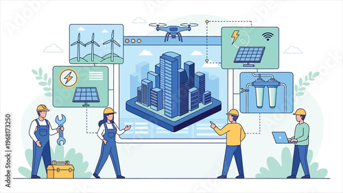 Green City Infrastructure Planning Vector Illustration – Tiny People Designing Sustainable Energy Systems with Wind Turbines, Solar Panels, Hydrogen Power and Water Filtration Solutions