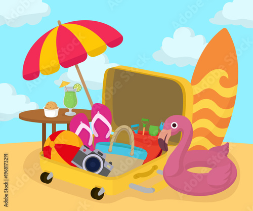 Open suitcase on beach sand with summer travel accessories and flamingo float travel elements on the seaside