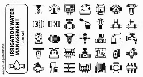 Irrigation Water Management Bold Line Icons-Drip Irrigation Sprinkler Head Controller Soaker Hose Water Butt Rain Sensor Pressure Regulator-15 Irrigation Icon Set Vector - Water Management Icons