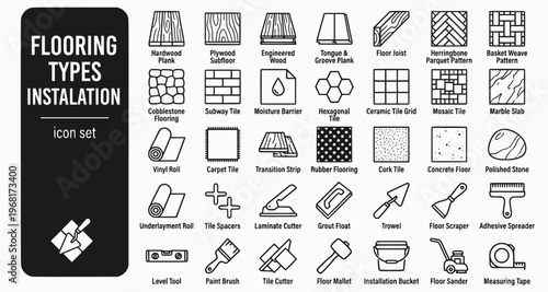 Flooring Types Installation Bold Line Icons-Solid Hardwood Plank Engineered Oak Stone Flagging Polished Concrete Ceramic Tile LVT Vinyl Herringbone Parquet-15 Flooring Icon Set Vector - Installation I