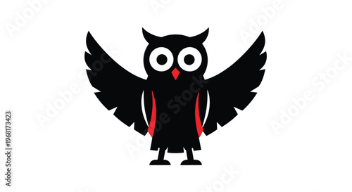 Stylized black owl icon with red accents and spread wings