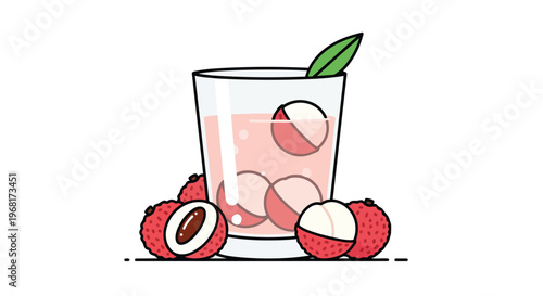 Refreshing lychee beverage with whole and halved fruits artfully arranged around a tall glass, garnished with a fresh green leaf, ideal for summer