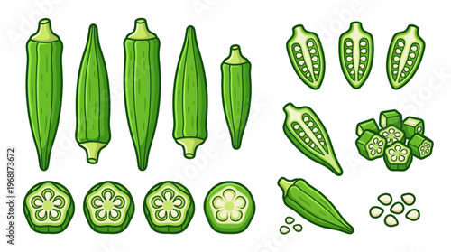 Okra Vegetable Cartoon Set – Whole, Sliced, Cross-Section and Seeds Isolated on White
