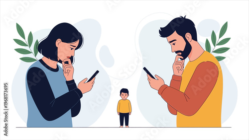 Parents Distracted by Smartphones While Child Feels Neglected – Phone Addiction and Family Dynamics Vector Illustration on White Background