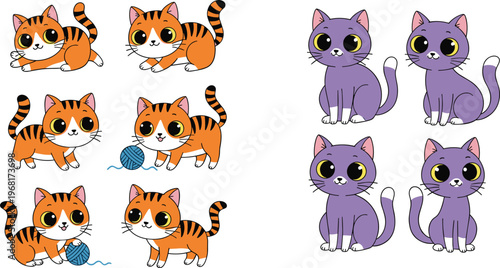 Cute Kitten Cartoon Characters Collection with Playing Cats and Different Poses, Kawaii Pet Animal Set for Kids Vector Illustration
