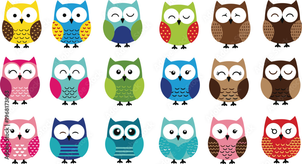 Obraz premium Cute Owl Characters Set with Colorful Designs, Kawaii Bird Cartoon Collection