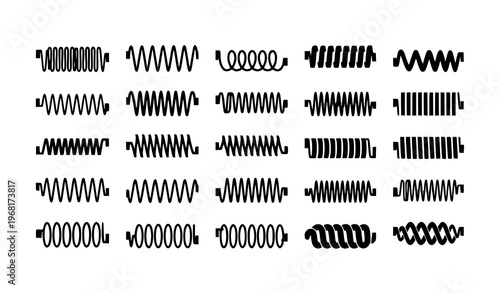 Minimal spiral spring vector icons with geometric coil shapes and clean flexible metal helix silhouettes