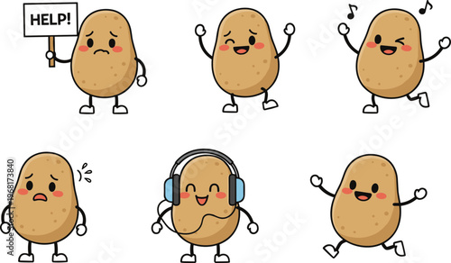 Cute Potato Cartoon Characters Collection with Funny Emotions and Expressions, Kawaii Vegetable Mascots Set for Food Vector Illustration