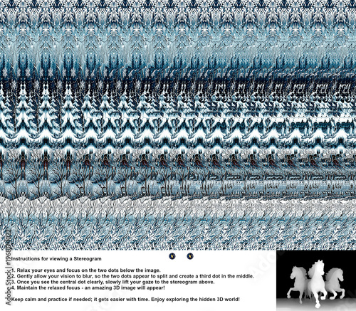 Optical illusion stereogram with hidden 3D shape of three running horses.