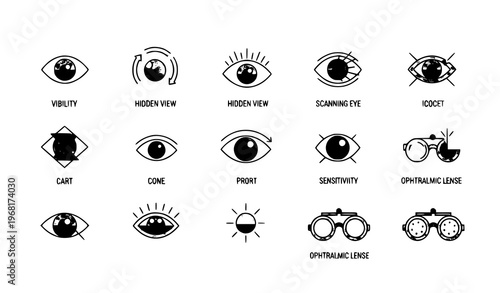 Minimal eye and eyesight icons vector set with simple optical symbols and visibility concepts