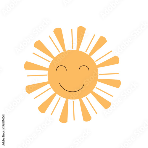 Smiling sun character with bright rays isolated on white background. Warm summer symbol for nursery decor, children's educational books, and seasonal design projects.