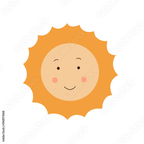 Stylized smiling sun character with rosy cheeks isolated on white. Warm weather and summer symbol for nursery decor, children's educational materials, and seasonal designs.
