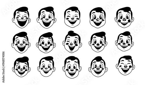 Vintage 50s cartoon happy face vector set with retro comic smile caricature expressions for avatars