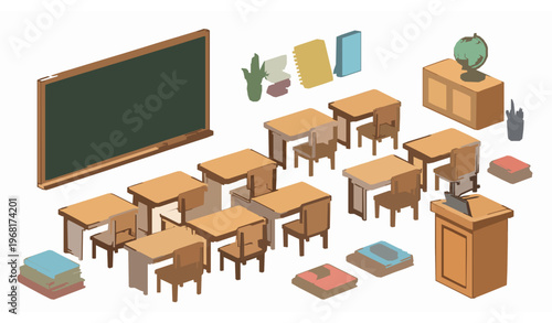 Elementary classroom cartoon vector collection with blackboard, desks, chairs, and learning furniture