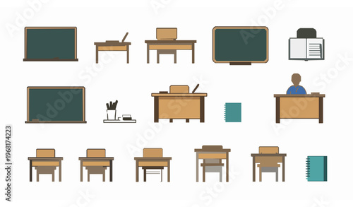 Minimal school classroom vector set with chalkboard, desks, chairs, and educational furniture icons