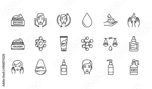 Skincare line icons vector set with anti aging cream oil drop collagen and ph balance cosmetic symbols