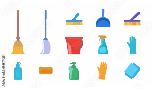 House cleaning tools vector set with broom mop dustpan and household hygiene equipment cartoon icons