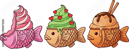 Cute Taiyaki Ice Cream Set, Japanese Fish Shaped Dessert Cartoon Collection
