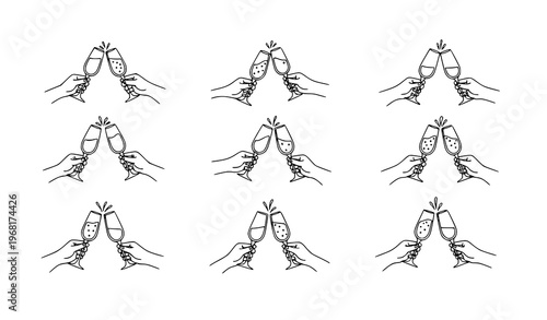 Minimal one line champagne toast vector set with continuous glasses clinking icons for celebration design