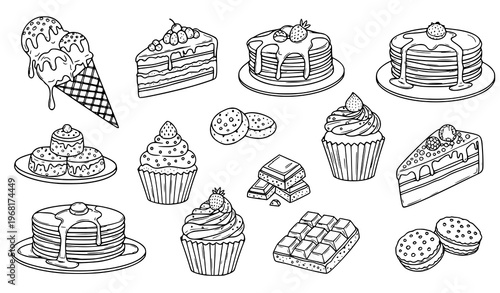 Hand drawn dessert icons vector collection with cake ice cream cookies and sweet bakery doodle elements