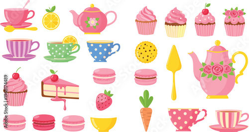 Cute Tea Party Desserts and Tableware Collection with Cups, Teapot, Cupcakes and Sweets, Kawaii Food Vector Illustration Set