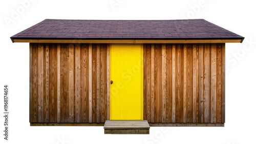 Rustic wooden shed with vertical plank siding featuring a vibrant yellow door and small stone steps, isolated on transparent background for design projects