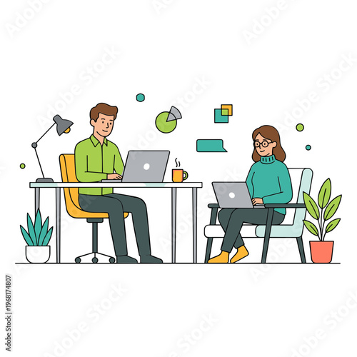 Two colleagues work together on laptops at office desks with plants