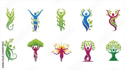 Body and Leaf Icon Set – Silhouette and Foliage Icons for Logo and Design Applications