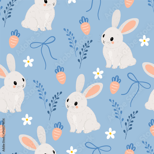 Seamless pattern with cute white rabbits, orange carrots, and delicate blue floral elements on a soft blue background. Whimsical nursery-themed vector illustration in a hand-drawn style, perfect for b