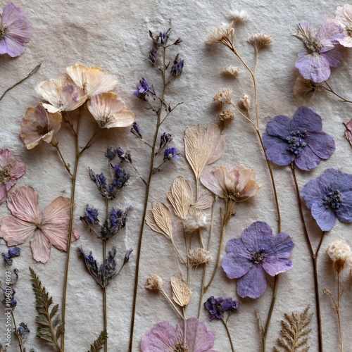 A delicate collection of pressed dried flowers showcasing the timeless beauty of nature, artfully arranged on textured paper with soft pastel hues