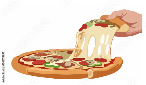 Spinning pizza slice vector with motion lines and toppings isolated on white background