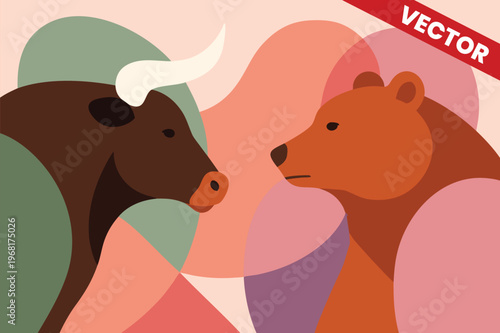 Minimalist Bull and Bear Profile Face to Face with Soft Pastel Abstract Shapes for Financial News Blog Header Stock Market Outlook and Economic Fluctuations Graphic Vector Background