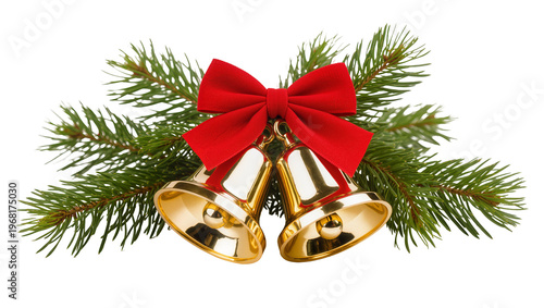 Schilderij op canvas Glistening golden Christmas bells adorned with a vibrant red satin bow gracefull