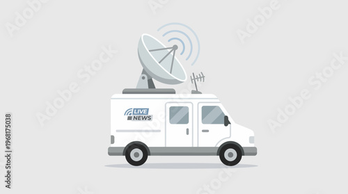 Minimalist flat vector illustration of a live news broadcast satellite van with dish antenna and signal waves on gray background