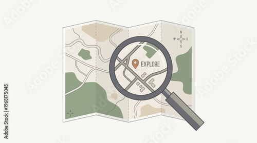 Minimalist flat vector illustration of a magnifying glass over a folded topographic map with explore location pin and compass rose