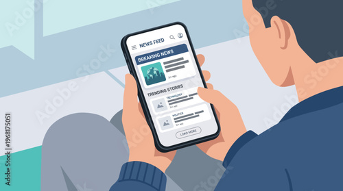 Flat design vector illustration of a man reading a breaking news feed app on a smartphone with trending stories