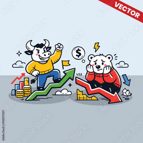 Successful Bull Trader and Sad Bear Investor Mascot with Upward and Downward Financial Chart Arrows Stock Market Performance Profit and Loss Comparison Concept Vector Illustration