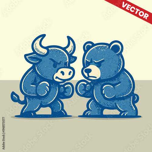 Two Blue Cartoon Bull and Bear Characters Boxing and Fighting for Market Supremacy Hand Drawn Style Financial Competition and Stock Market Volatility Vector Illustration Isolated on White