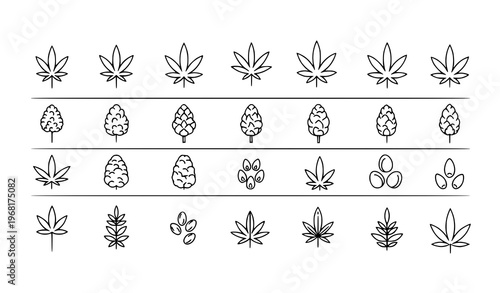 Foto Minimal cannabis botanical icons vector set with hemp leaves buds and clean outl