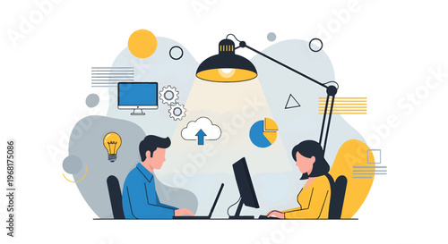 Two colleagues working on computers at a desk with a lamp and various office supplies in a modern flat vector illustration.