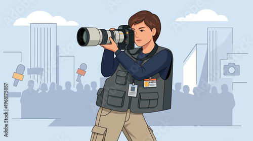 Stylized flat vector illustration of a female photojournalist with telephoto camera and press badge at a public event in the city