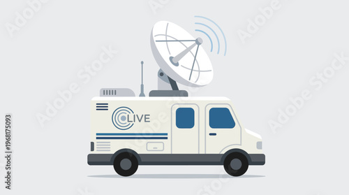 Minimalist flat vector illustration of a live broadcast satellite news van with dish antenna transmitting signal on light background
