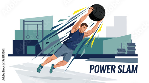 Modern flat vector illustration of an athlete performing a powerful medicine ball slam in a gym setting with dynamic motion lines