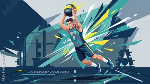 Dynamic flat vector illustration of a male athlete performing an explosive medicine ball slam workout in a gym setting