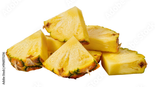 Freshly cut golden pineapple chunks with juicy fibrous texture, isolated on transparent background for tropical food marketing and healthy recipes