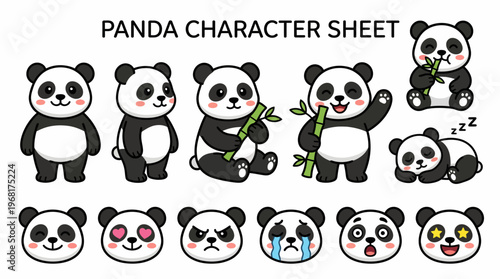 Cute panda character sheet with various poses and facial expressions including eating bamboo sleeping and waving