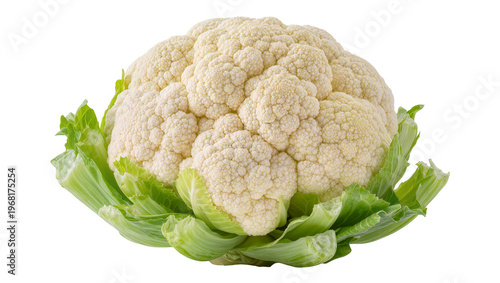 Fotografía Large fresh creamy white cauliflower head with vibrant green leaves, isolated on