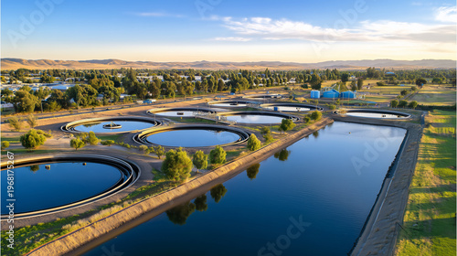 Modern wastewater treatment facility aerial view during daytime with clear sky and green landscape around