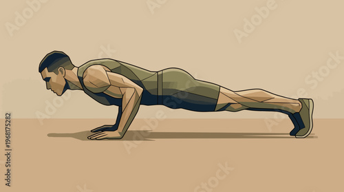 Geometric vector illustration of a man performing a push up exercise for fitness and strength training
